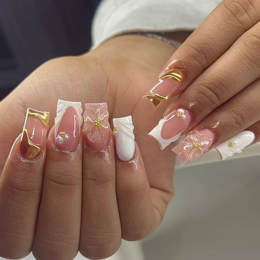 24Pcs Medium Square Pink Flowers Press on Nails