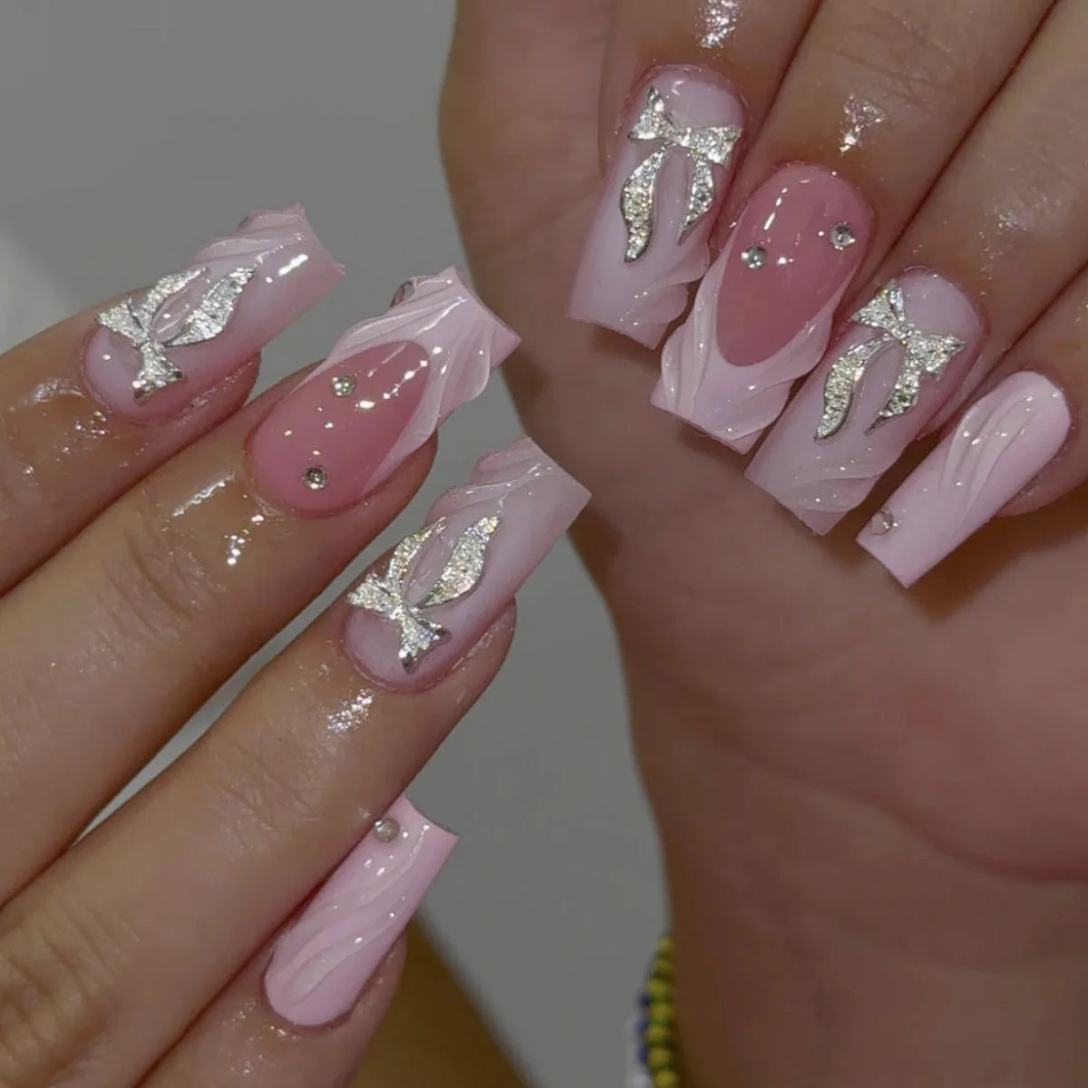 24Pcs Medium Square Pink Flowers Press on Nails