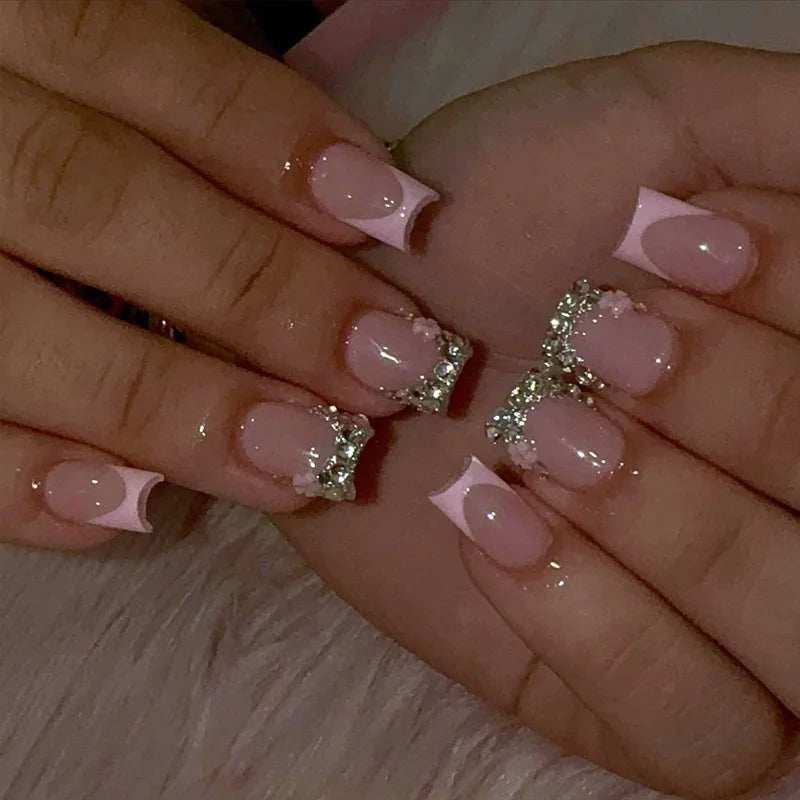 24Pcs Medium Square Pink Flowers Press on Nails