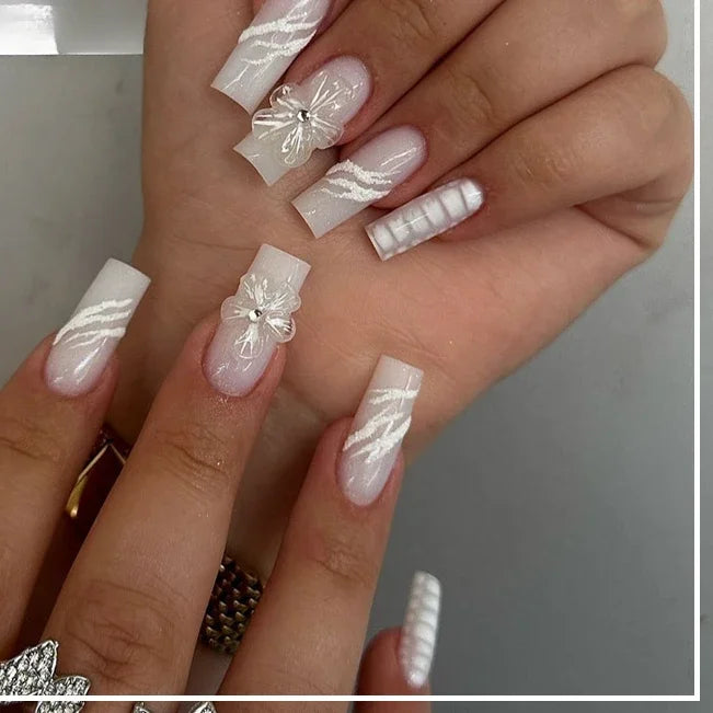 24Pcs Medium Square Pink Flowers Press on Nails