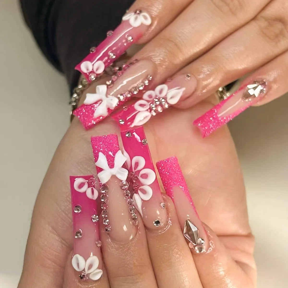 24Pcs Medium Square Pink Flowers Press on Nails