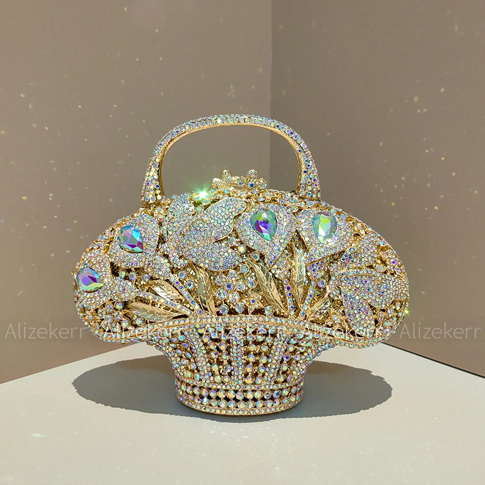 Luxury Crystal Flower Rhinestone Basket Clutch Purse