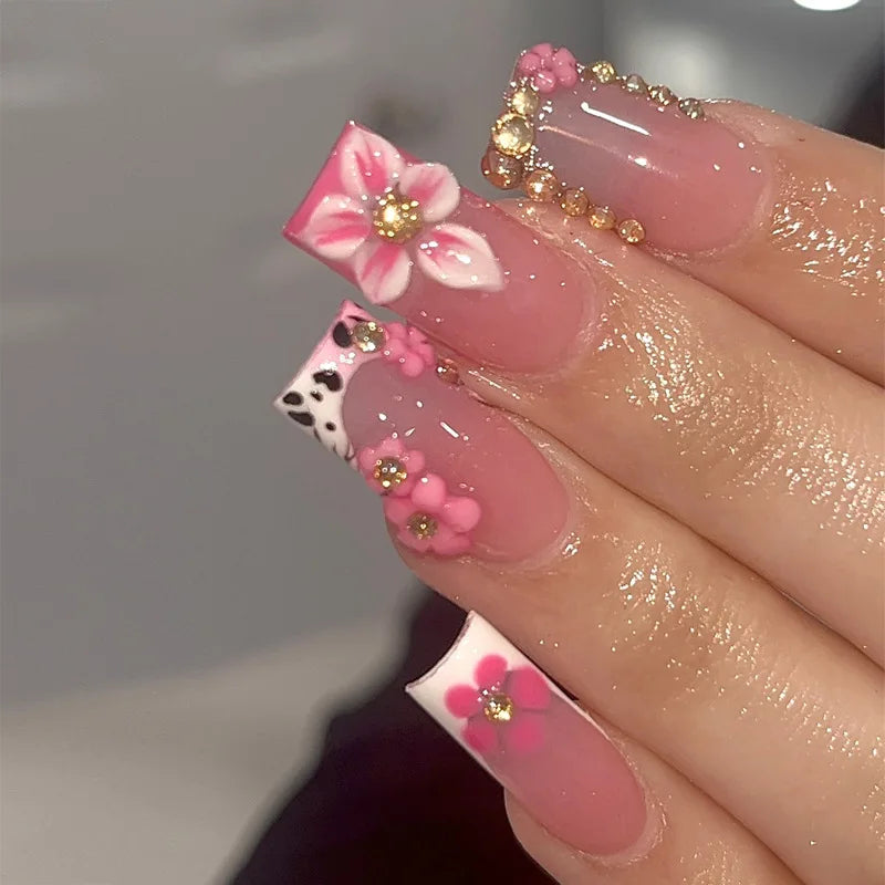 24Pcs Medium Square Pink Flowers Press on Nails