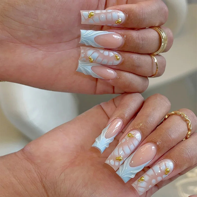 24Pcs Medium Square Pink Flowers Press on Nails