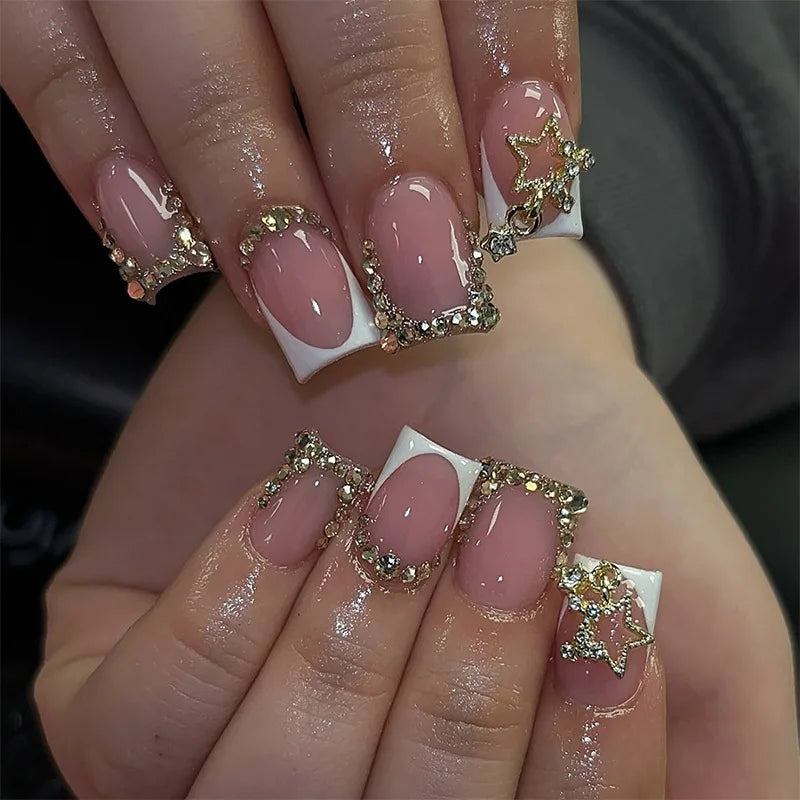 24Pcs Medium Square Pink Flowers Press on Nails