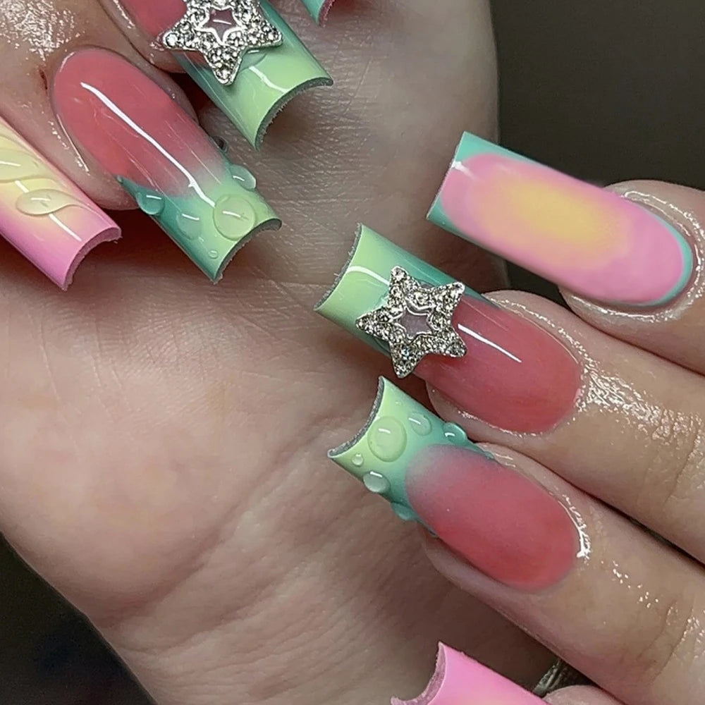 24Pcs Medium Square Pink Flowers Press on Nails