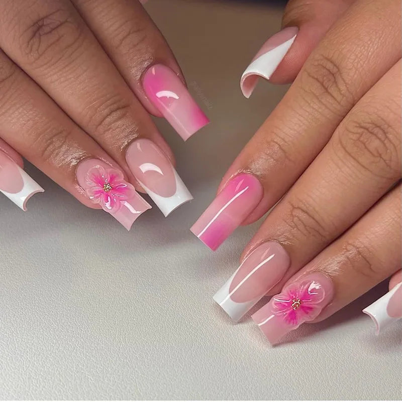 24Pcs Medium Square Pink Flowers Press on Nails