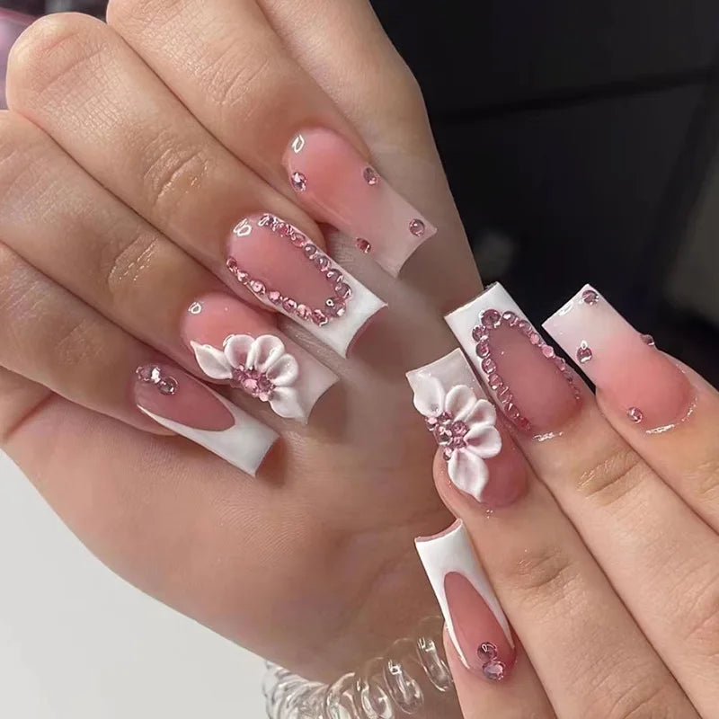 24Pcs Medium Square Pink Flowers Press on Nails