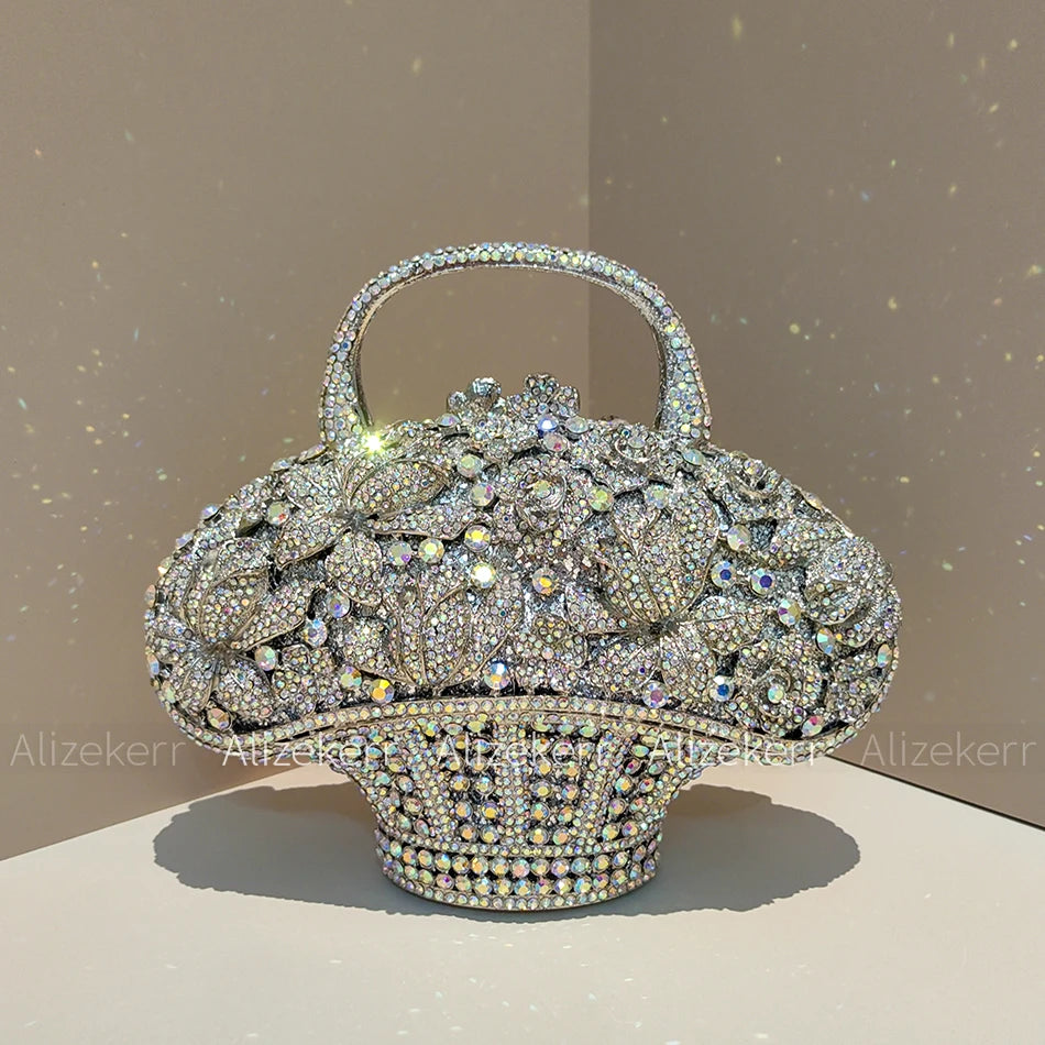 Luxury Crystal Flower Rhinestone Basket Clutch Purse