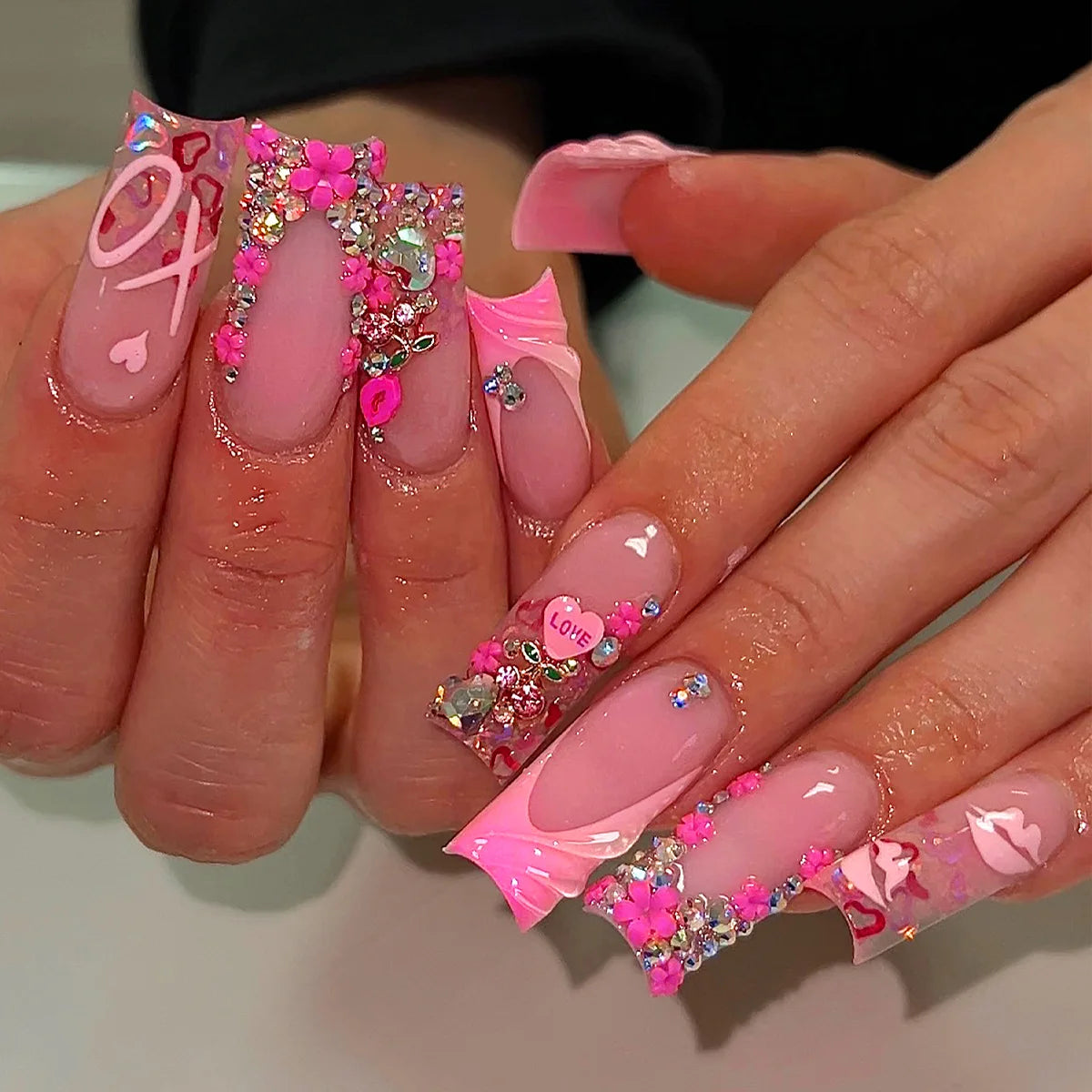 24Pcs Medium Square Pink Flowers Press on Nails