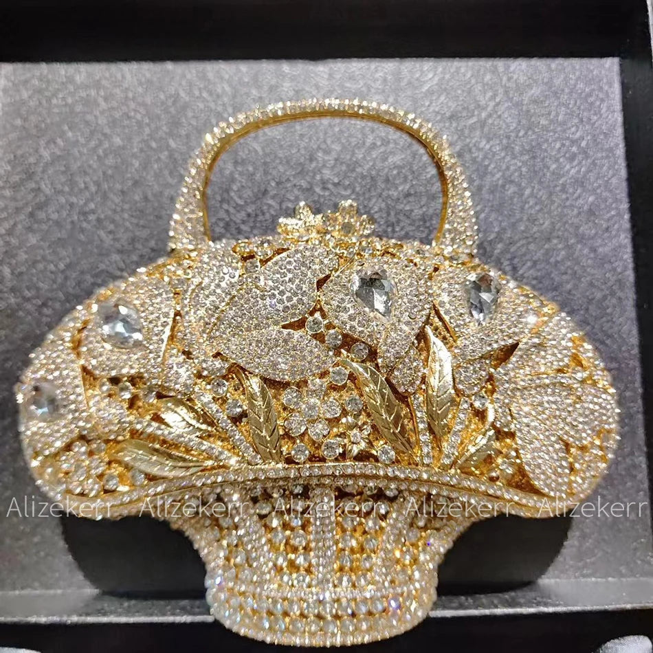 Luxury Crystal Flower Rhinestone Basket Clutch Purse