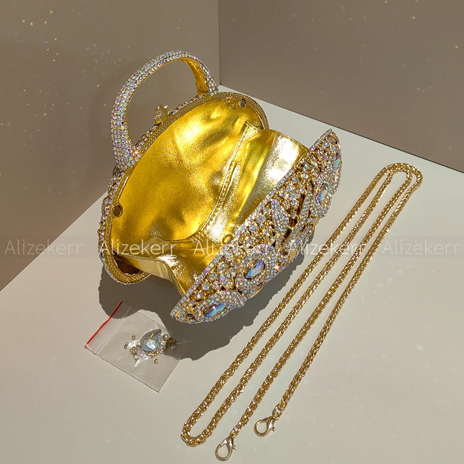 Luxury Crystal Flower Rhinestone Basket Clutch Purse