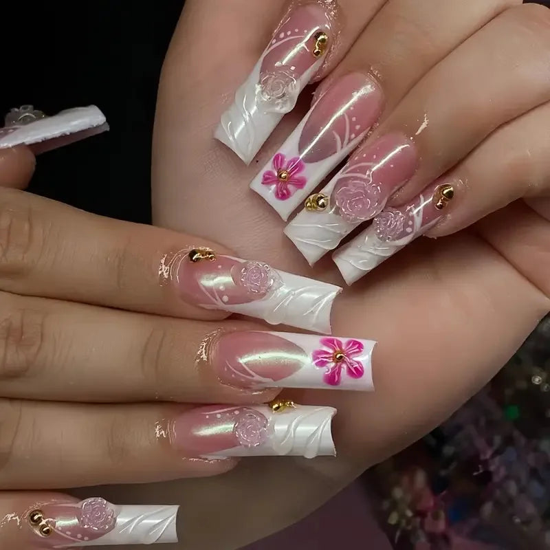 24Pcs Medium Square Pink Flowers Press on Nails