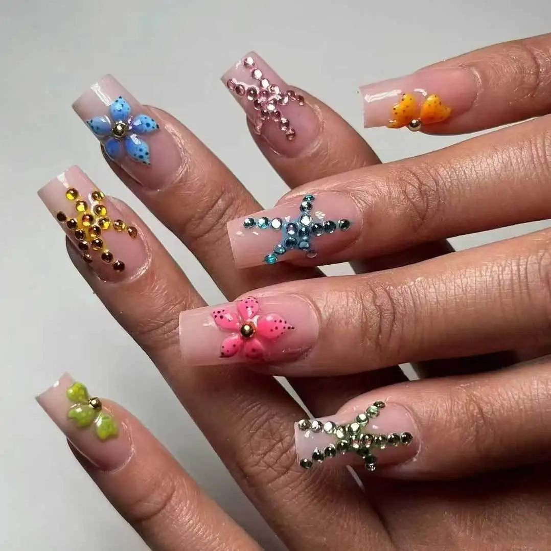 24Pcs Medium Square Pink Flowers Press on Nails