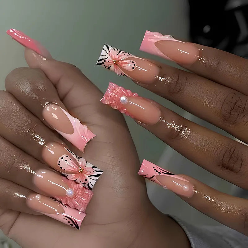 24Pcs Medium Square Pink Flowers Press on Nails