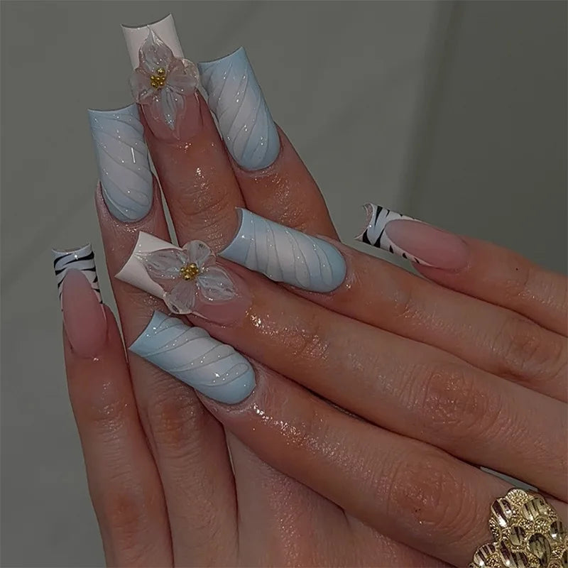 24Pcs Medium Square Pink Flowers Press on Nails