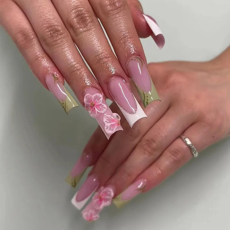 24Pcs Medium Square Pink Flowers Press on Nails