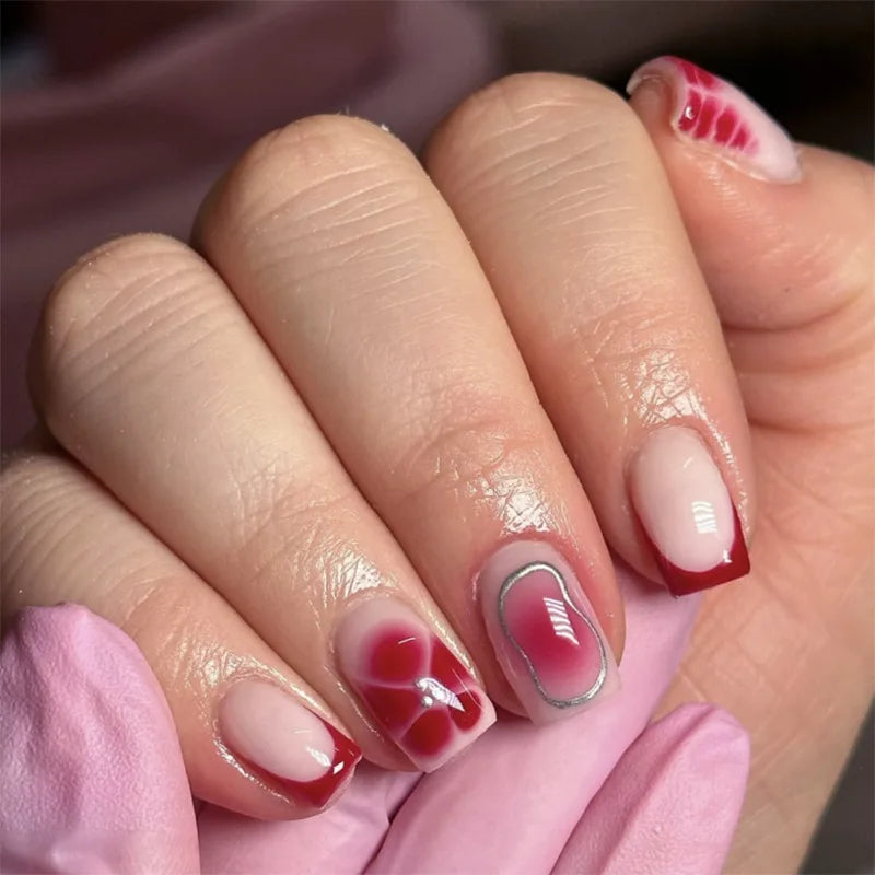24Pcs Medium Square Pink Flowers Press on Nails