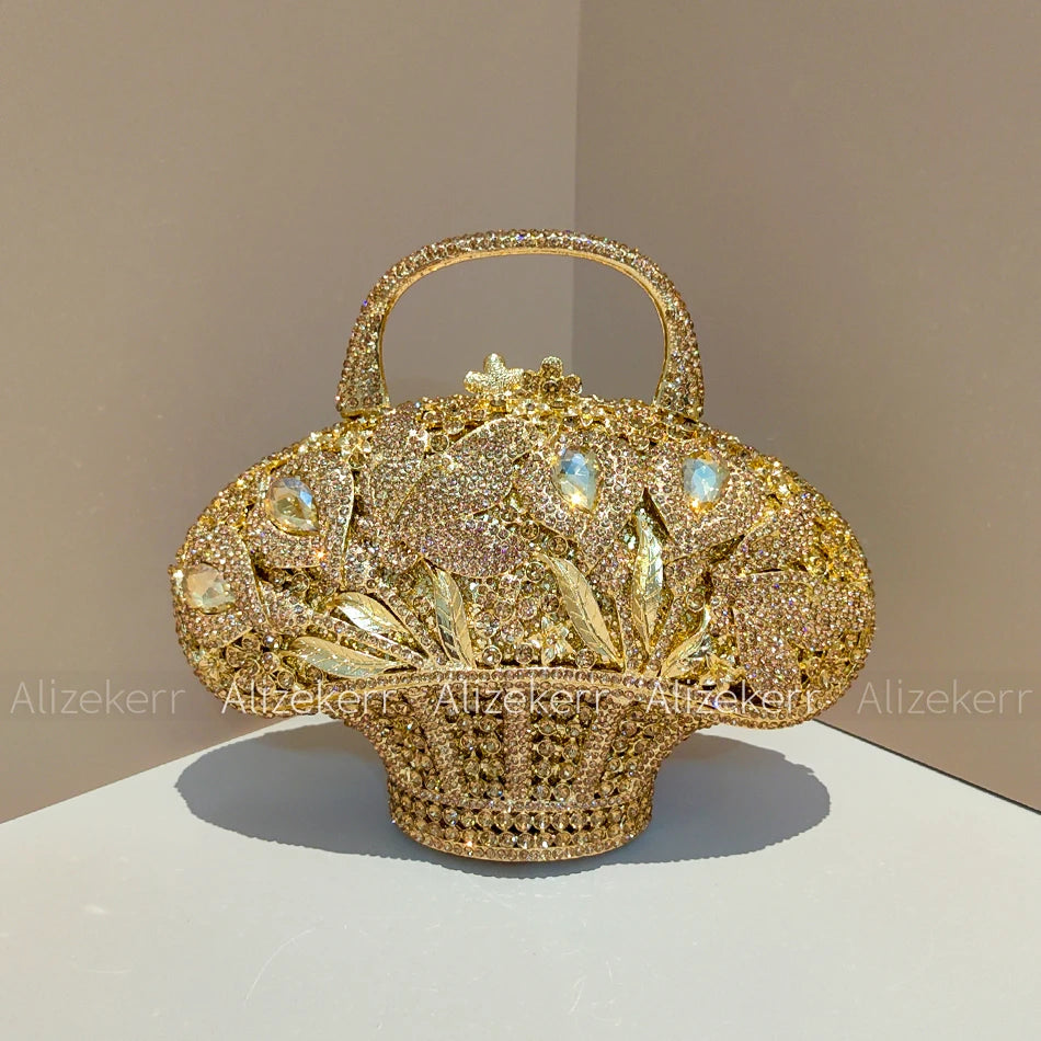 Luxury Crystal Flower Rhinestone Basket Clutch Purse