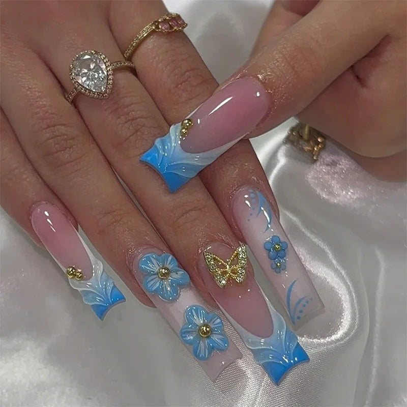 24Pcs Medium Square Pink Flowers Press on Nails
