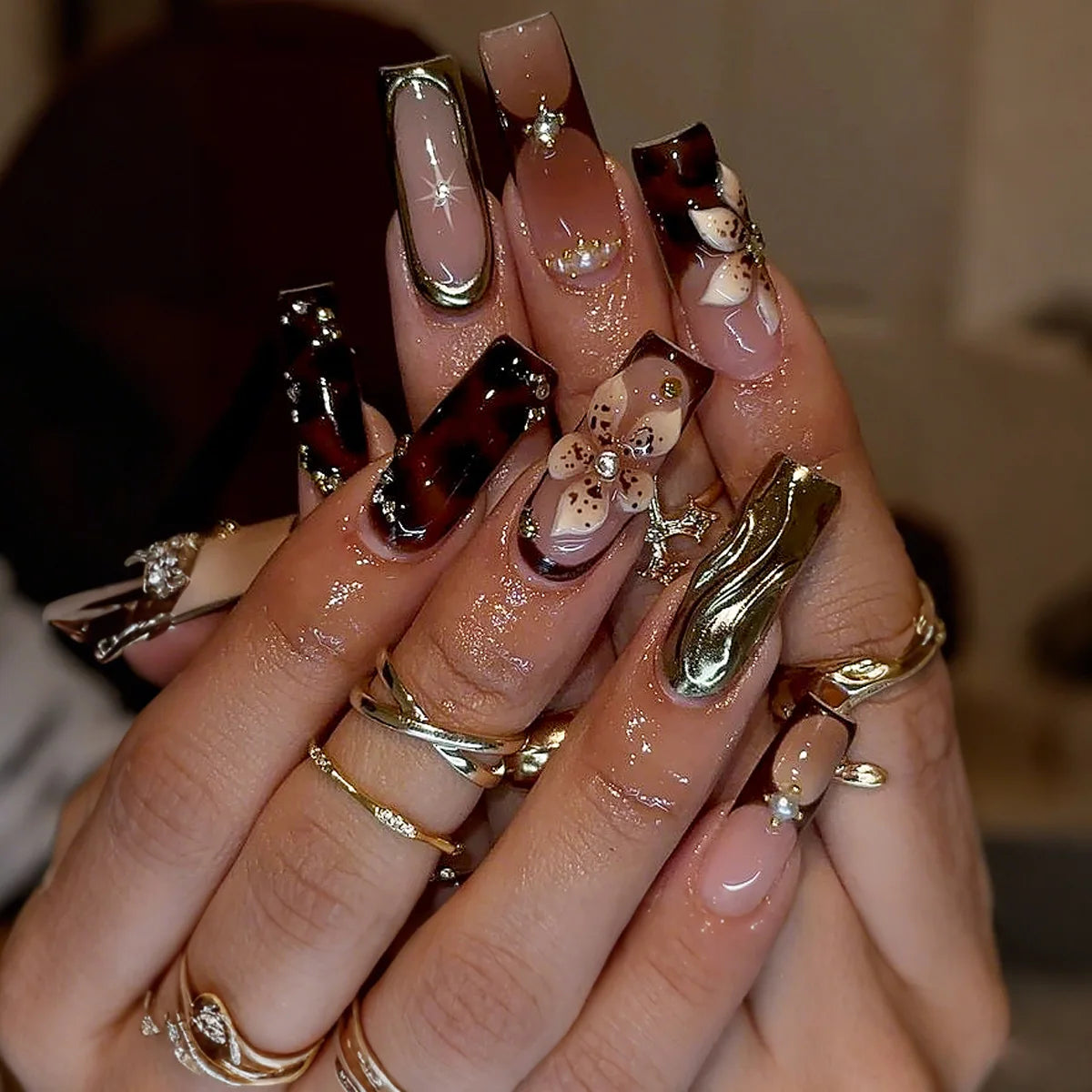 24Pcs Medium Square Pink Flowers Press on Nails