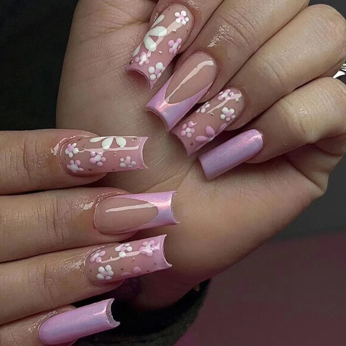 24Pcs Medium Square Pink Flowers Press on Nails