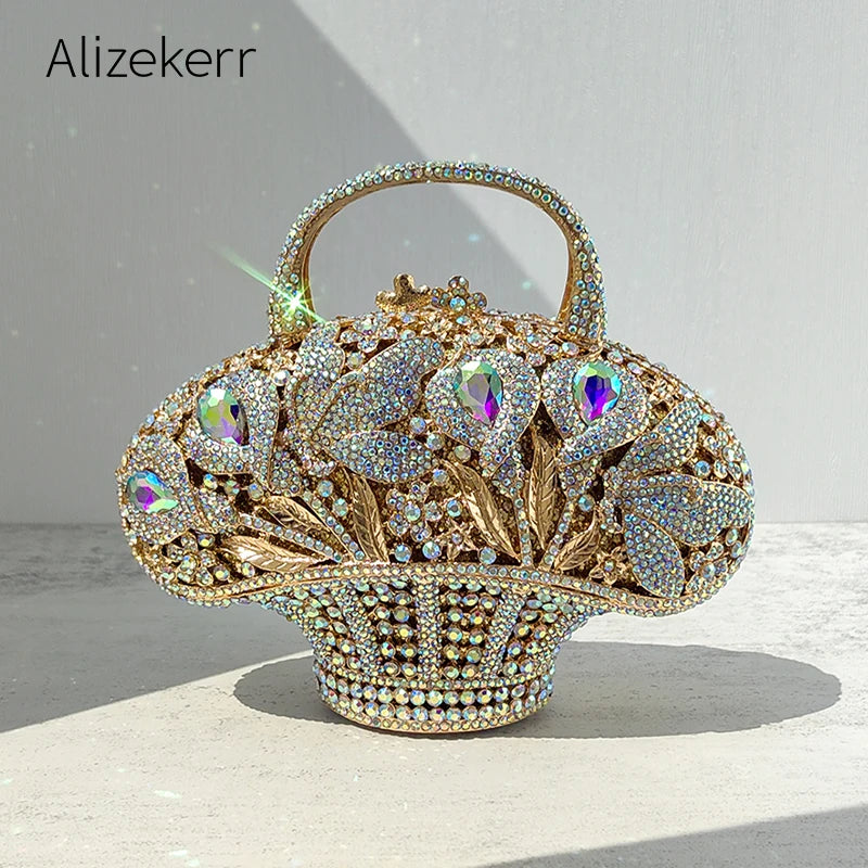Luxury Crystal Flower Rhinestone Basket Clutch Purse