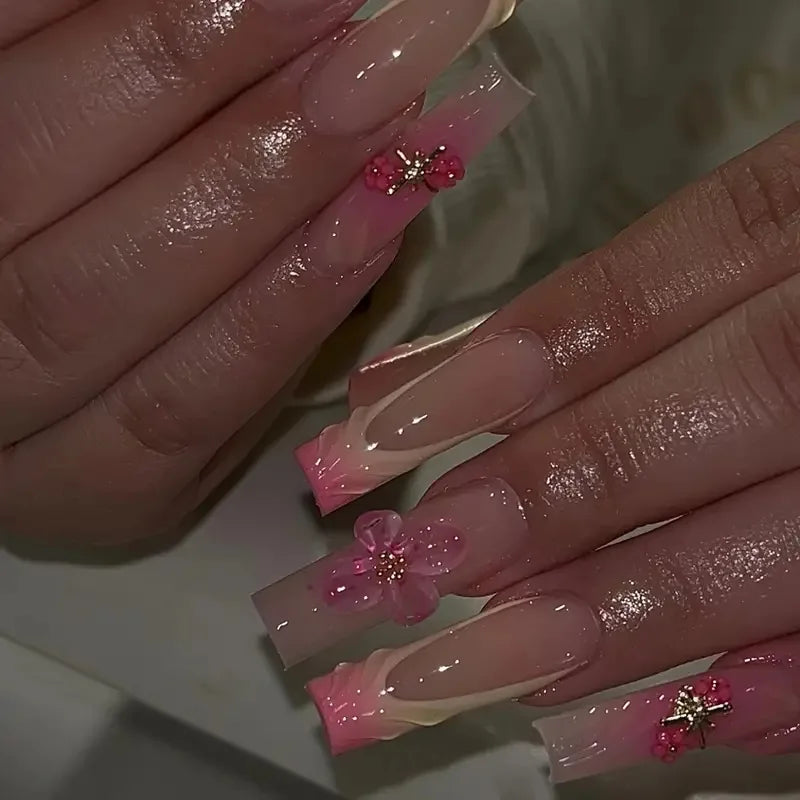 24Pcs Medium Square Pink Flowers Press on Nails