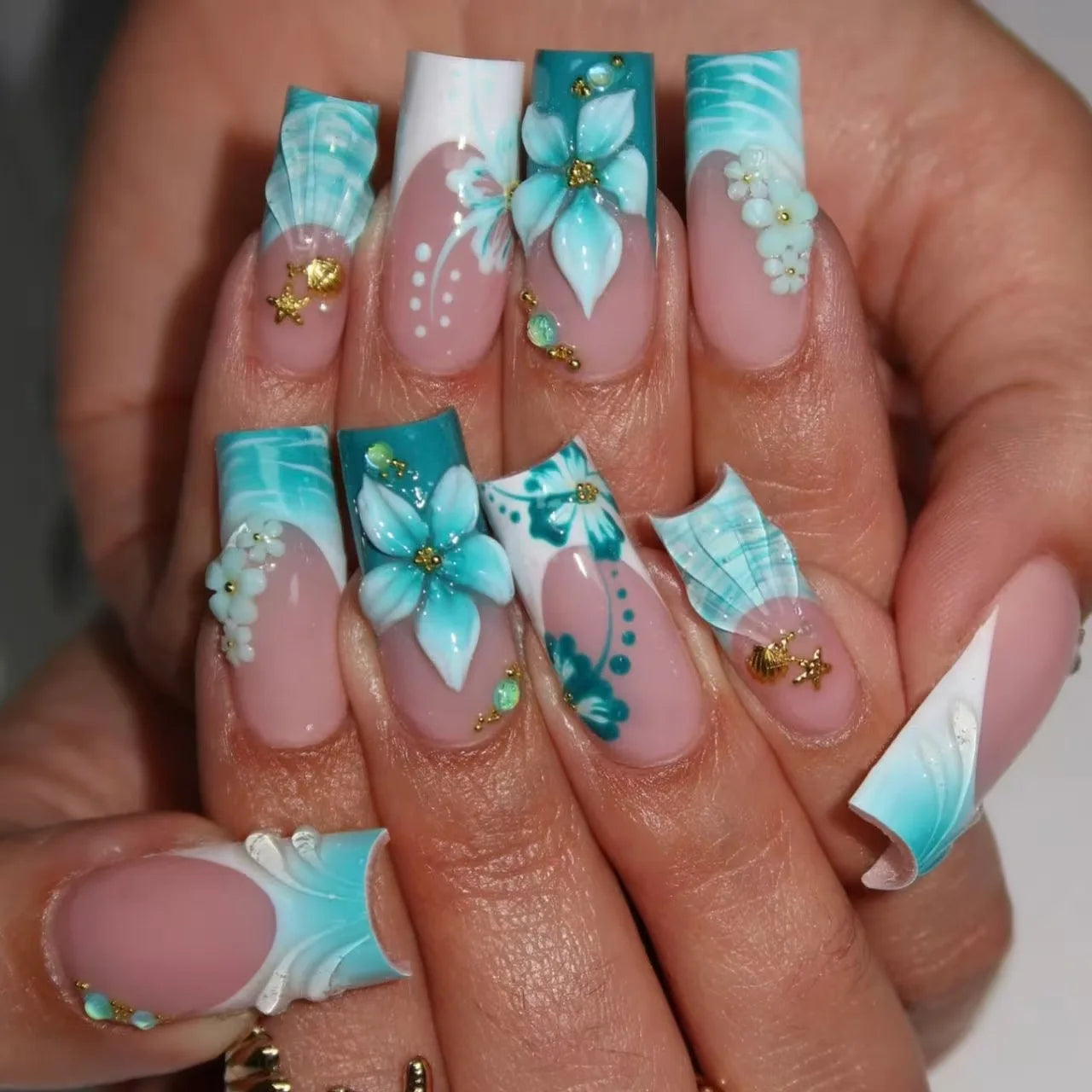 24Pcs Medium Square Pink Flowers Press on Nails