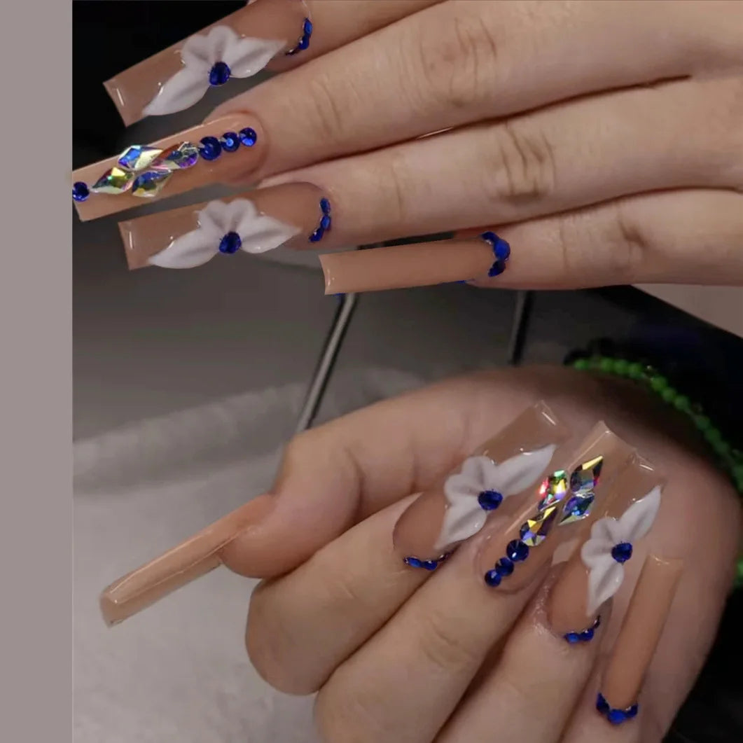 24Pcs Medium Square Pink Flowers Press on Nails