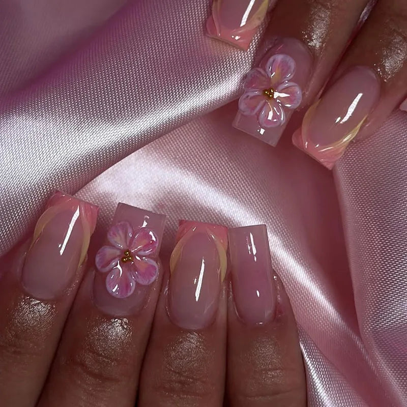 24Pcs Medium Square Pink Flowers Press on Nails