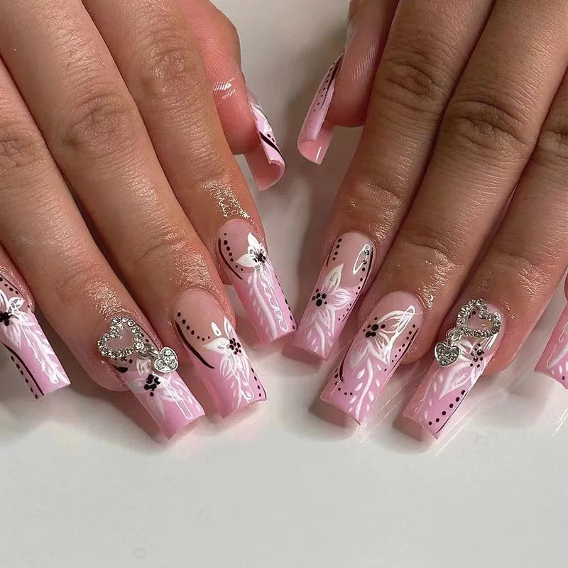 24Pcs Medium Square Pink Flowers Press on Nails