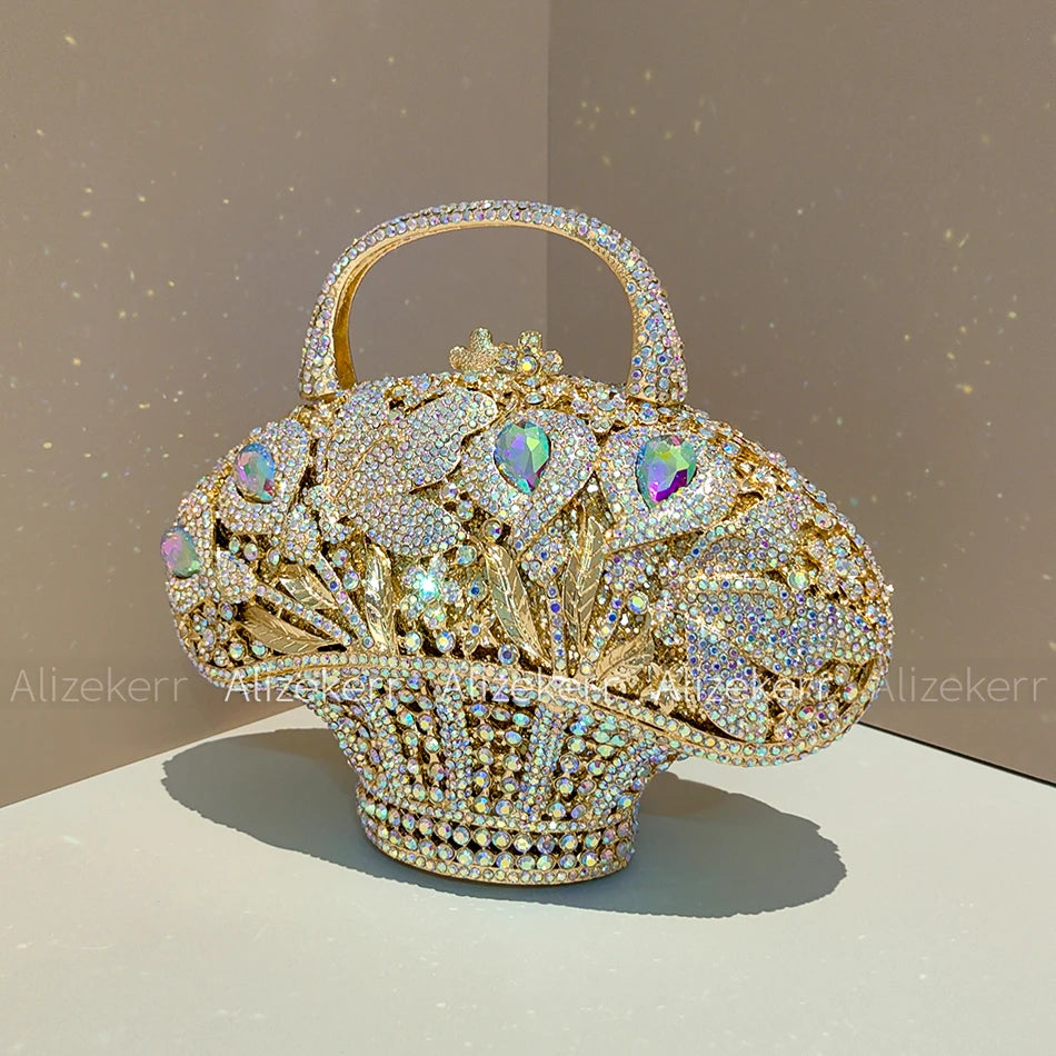 Luxury Crystal Flower Rhinestone Basket Clutch Purse