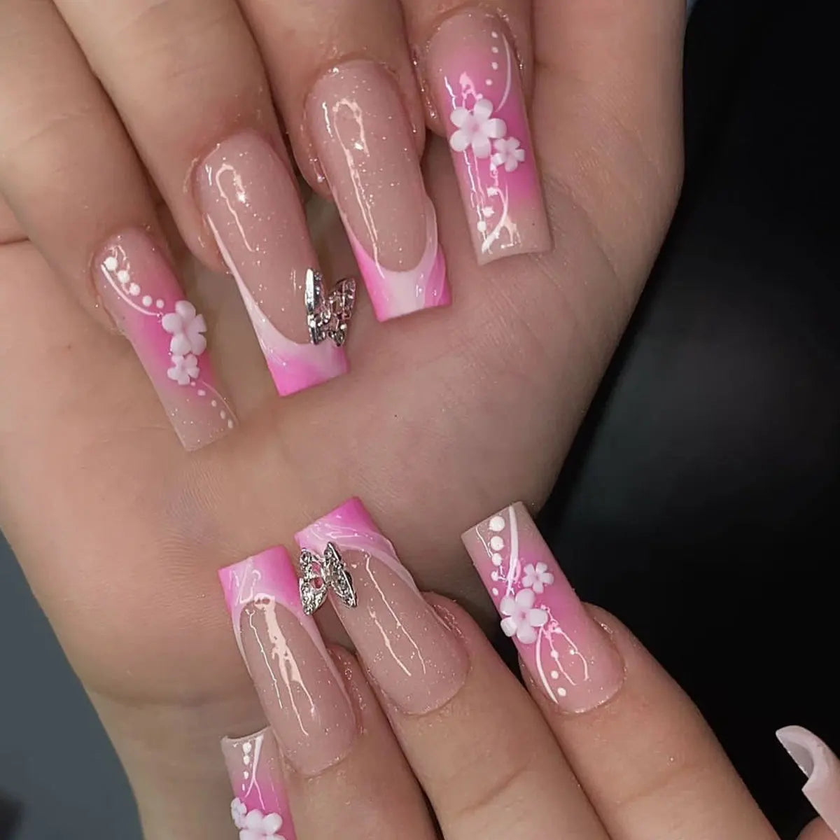 24Pcs Medium Square Pink Flowers Press on Nails